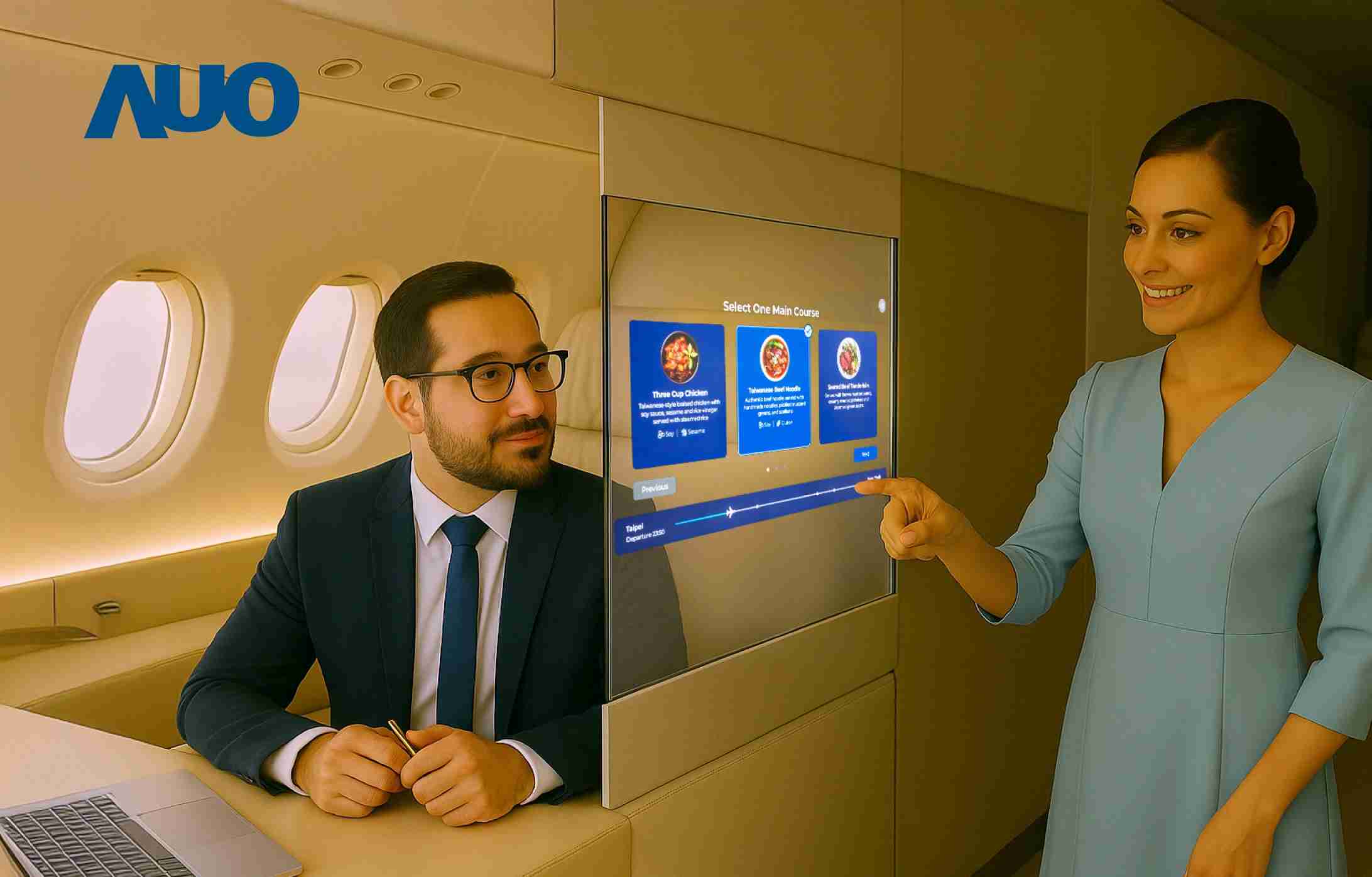 龙门国际研发全球最薄17.3 吋双面透明 Micro LED 显示器，，，可在同一屏幕之双边投射不同信息，，，创造独特的”透明化”互动；图为实时翻译交流应用情境